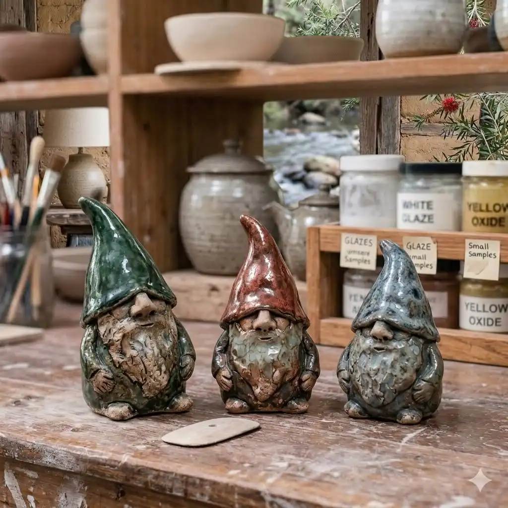 Three glazed ceramic gnomes on a studio workbench