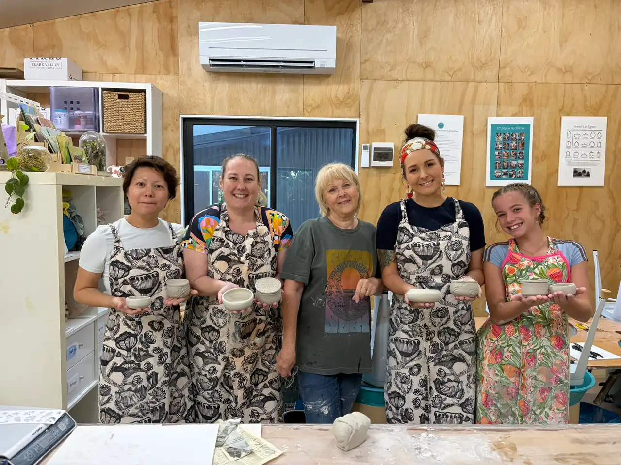 Five people in aprons holding the bowls they threw in a wheel class
